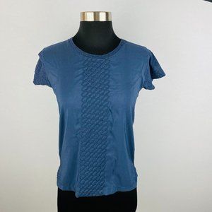 J Crew Outlet Womens XXS Blue Short Sleeve Embroidered Center Accent Top Blouse